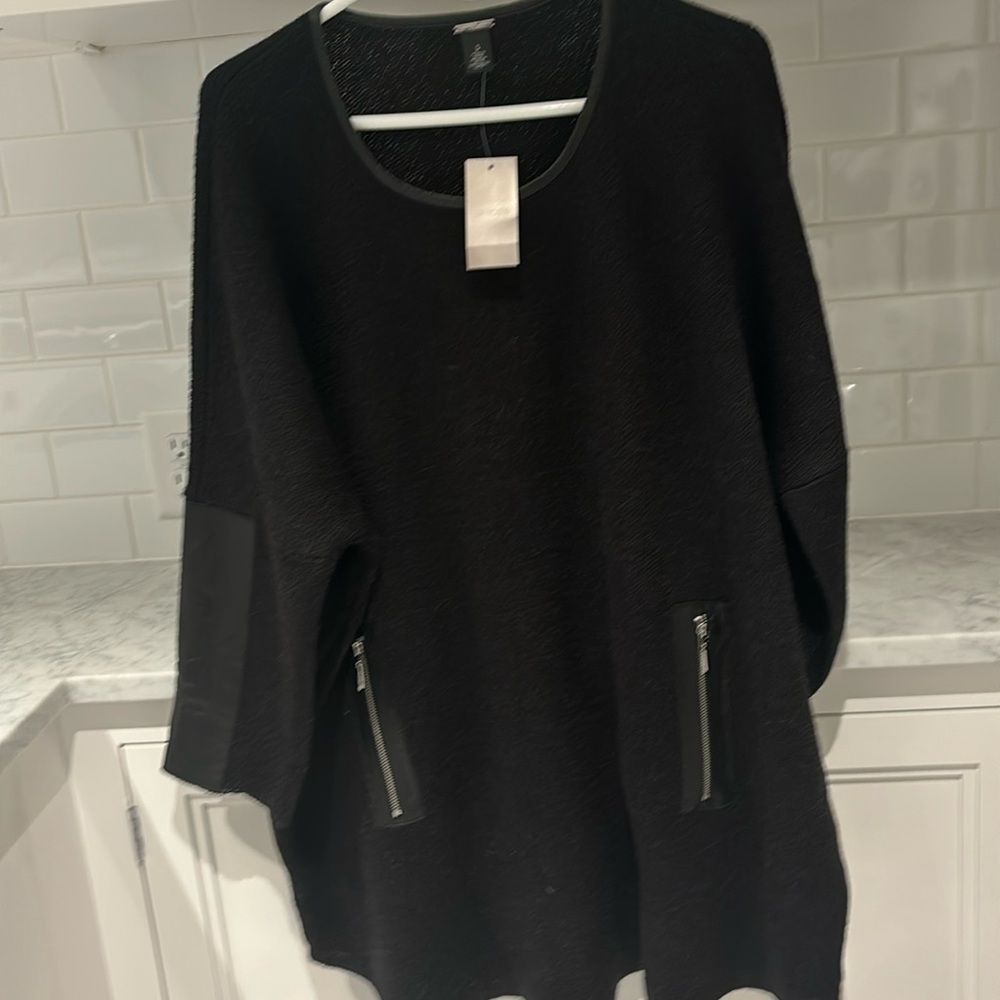 Chico’s sweater .3/4 sleeve,faux leather trim around neckline,sleeves and pocket